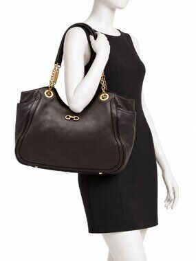 Salvatore Ferragamo Dark Brown Leather Chain Shoulder Tote Bag Gold Hardware
